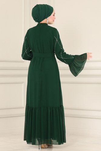 moda selvim Kolları Taş İşlemeli Şifon Elbise 5475AB368 Zümrüt - Thumbnail