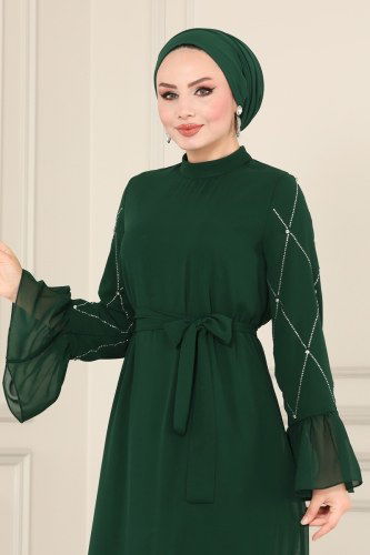 moda selvim Kolları Taş İşlemeli Şifon Elbise 5475AB368 Zümrüt - Thumbnail