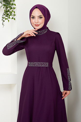 moda selvim Kolları Taşlı Abiye ASN174-M Mürdüm - Thumbnail