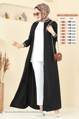 moda selvim Kolları Taşlı Pardesü Ferace 2639SL432 Siyah - Thumbnail