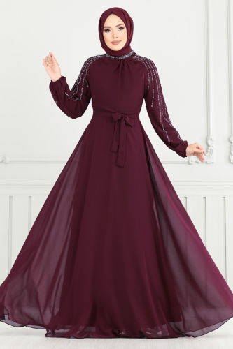 MRV A.N.T. - Kolları Taşlı Şifon Abiye 2420ANT904-M Mürdüm