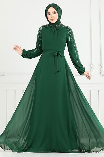 moda selvim Kolları Taşlı Şifon Abiye 2420ANT904-M Zümrüt - Thumbnail