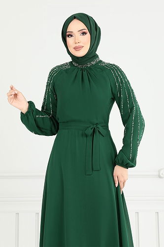 moda selvim Kolları Taşlı Şifon Abiye 2420ANT904-M Zümrüt - Thumbnail