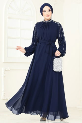 moda selvim Kolları Taşlı Şifon Abiye 5666EDF311 Açık Laci - Thumbnail