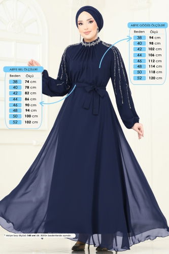 moda selvim Kolları Taşlı Şifon Abiye 5666EDF311 Açık Laci - Thumbnail