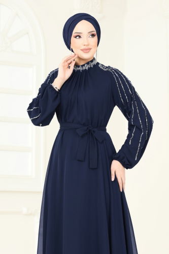 moda selvim Kolları Taşlı Şifon Abiye 5666EDF311 Açık Laci - Thumbnail