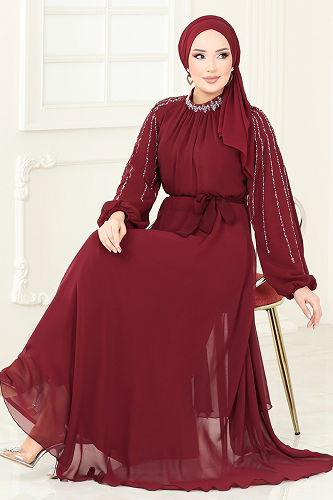 moda selvim Kolları Taşlı Şifon Abiye 5666EDF311 Bordo - Thumbnail