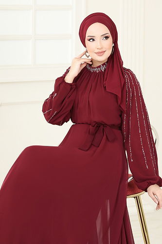 moda selvim Kolları Taşlı Şifon Abiye 5666EDF311 Bordo - Thumbnail