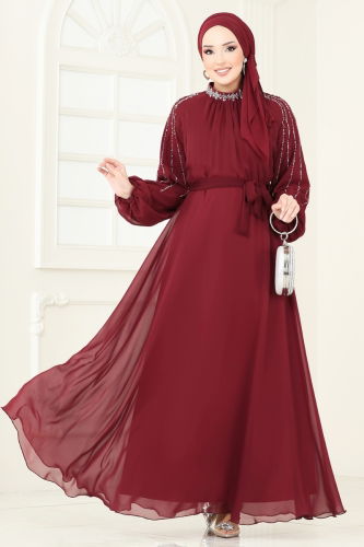 moda selvim Kolları Taşlı Şifon Abiye 5666EDF311 Bordo - Thumbnail