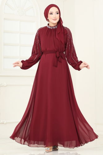 moda selvim Kolları Taşlı Şifon Abiye 5666EDF311 Bordo - Thumbnail