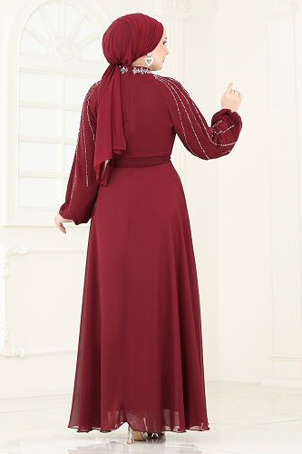 moda selvim Kolları Taşlı Şifon Abiye 5666EDF311 Bordo - Thumbnail