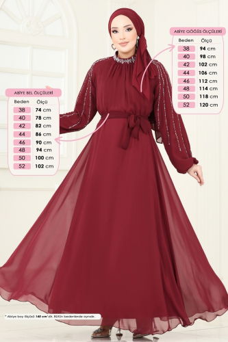 moda selvim Kolları Taşlı Şifon Abiye 5666EDF311 Bordo - Thumbnail