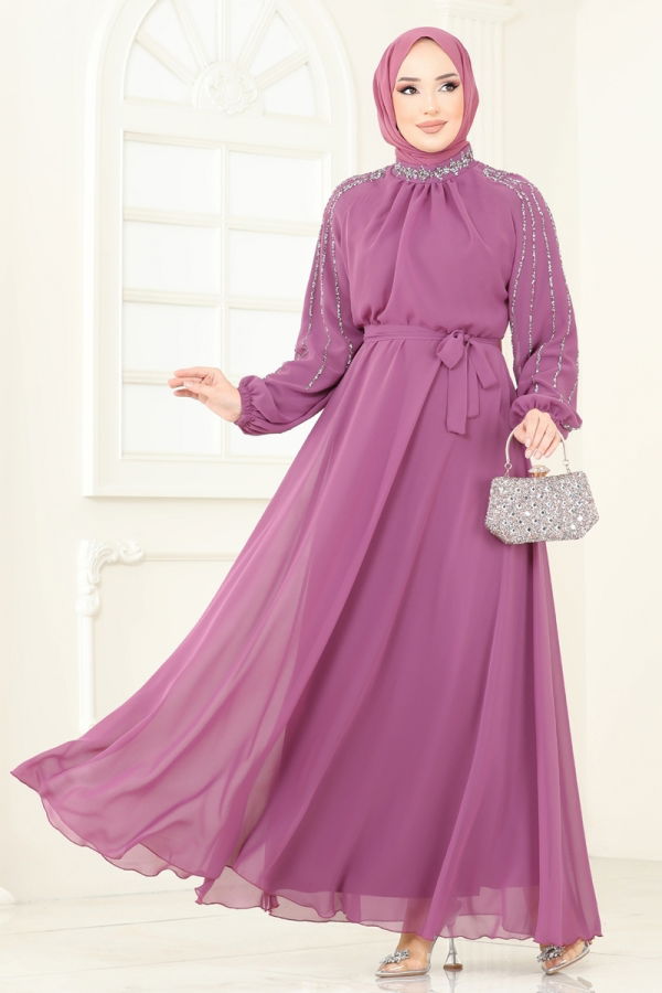 Modaselvim ABİYE Kolları Taşlı Şifon Abiye 5666EDF311 Gül Kurusu