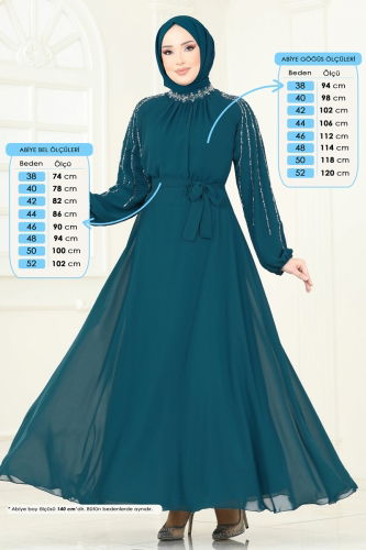 moda selvim Kolları Taşlı Şifon Abiye 5666EDF311 Petrol - Thumbnail