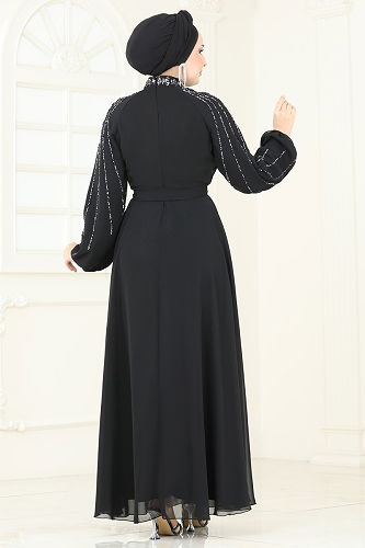 moda selvim Kolları Taşlı Şifon Abiye 5666EDF311 Siyah - Thumbnail