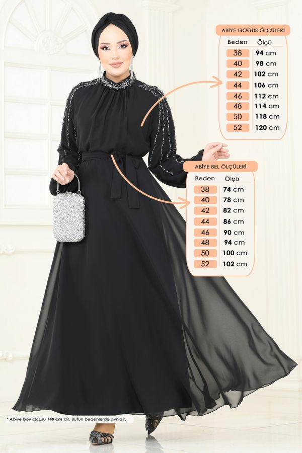 Modaselvim ABİYE Kolları Taşlı Şifon Abiye 5666EDF311 Siyah