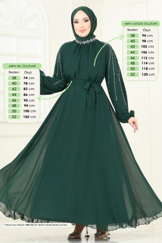 moda selvim Kolları Taşlı Şifon Abiye 5666EDF311 Zümrüt - Thumbnail