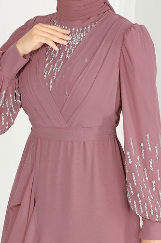 moda selvim Kolları Taşlı Şifon Abiye 6585YG95 Gül Kurusu - Thumbnail