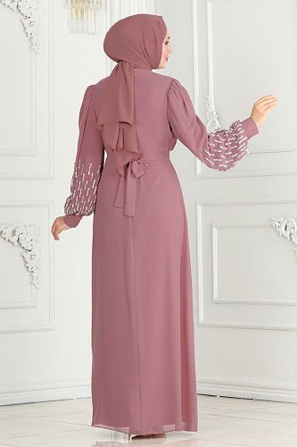 moda selvim Kolları Taşlı Şifon Abiye 6585YG95 Gül Kurusu - Thumbnail