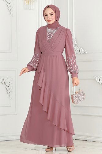 moda selvim Kolları Taşlı Şifon Abiye 6585YG95 Gül Kurusu - Thumbnail