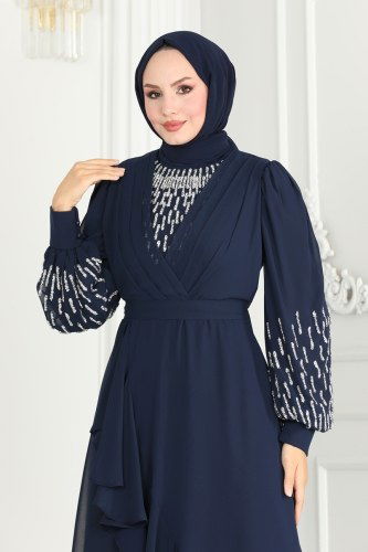 moda selvim Kolları Taşlı Şifon Abiye 6585YG95 Laci - Thumbnail