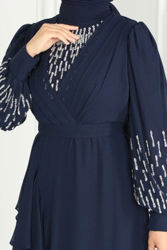moda selvim Kolları Taşlı Şifon Abiye 6585YG95 Laci - Thumbnail