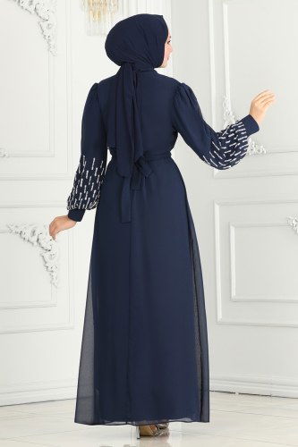 moda selvim Kolları Taşlı Şifon Abiye 6585YG95 Laci - Thumbnail