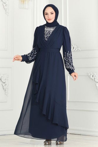 moda selvim Kolları Taşlı Şifon Abiye 6585YG95 Laci - Thumbnail