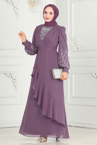 moda selvim Kolları Taşlı Şifon Abiye 6585YG95 Lila - Thumbnail