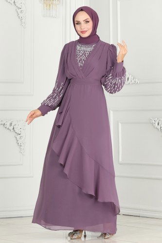 moda selvim Kolları Taşlı Şifon Abiye 6585YG95 Lila - Thumbnail