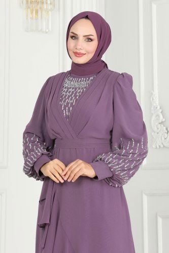 moda selvim Kolları Taşlı Şifon Abiye 6585YG95 Lila - Thumbnail