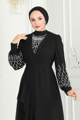 moda selvim Kolları Taşlı Şifon Abiye 6585YG95 Siyah - Thumbnail