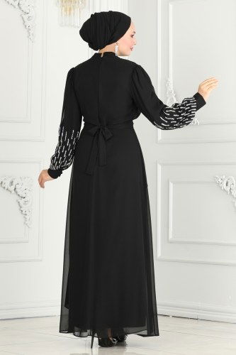 moda selvim Kolları Taşlı Şifon Abiye 6585YG95 Siyah - Thumbnail