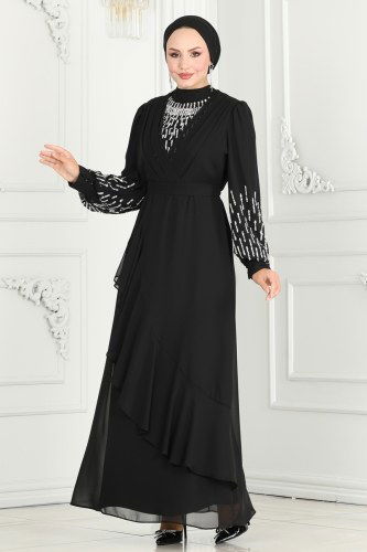 moda selvim Kolları Taşlı Şifon Abiye 6585YG95 Siyah - Thumbnail