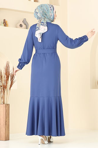 moda selvim Kolları Taşlı Tesettür Elbise 397DVL817 İndigo - Thumbnail