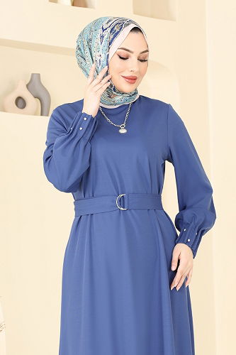 moda selvim Kolları Taşlı Tesettür Elbise 397DVL817 İndigo - Thumbnail