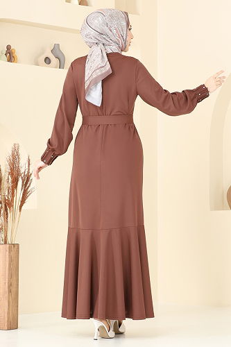 moda selvim Kolları Taşlı Tesettür Elbise 397DVL817 Kahve - Thumbnail