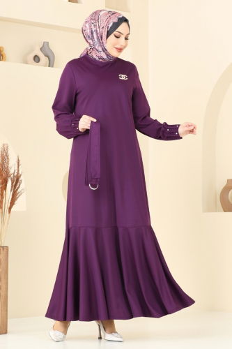 moda selvim Kolları Taşlı Tesettür Elbise 397DVL817 Mor - Thumbnail