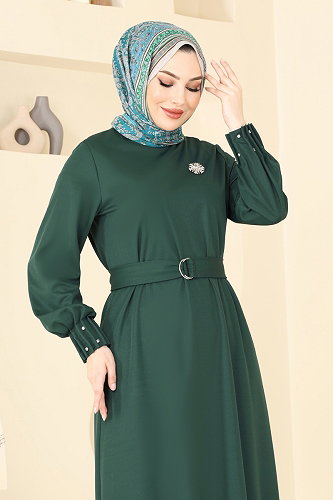 moda selvim Kolları Taşlı Tesettür Elbise 397DVL817 Zümrüt - Thumbnail