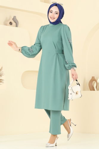 moda selvim Kolları Taşlı Tesettür Takım 0408ALG474 Mint - Thumbnail
