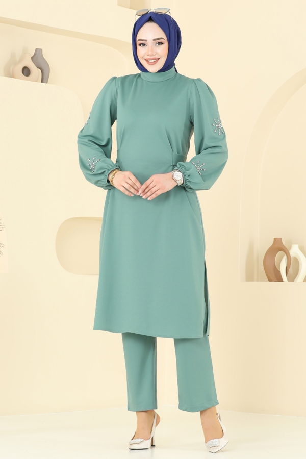 Modaselvim Kombin Kolları Taşlı Tesettür Takım 0408ALG474 Mint