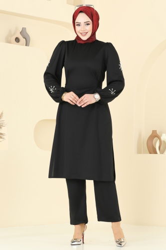 moda selvim Kolları Taşlı Tesettür Takım 0408ALG474 Siyah - Thumbnail