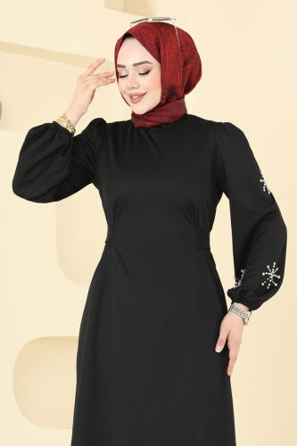 moda selvim Kolları Taşlı Tesettür Takım 0408ALG474 Siyah - Thumbnail