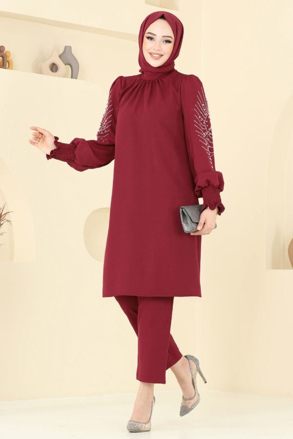 Modaselvim Kombin Kolları Taşlı Tesettür Takım 5677EDF311 Bordo