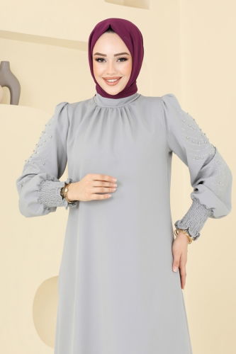 moda selvim Kolları Taşlı Tesettür Takım 5677EDF311 Gri - Thumbnail