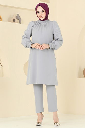 moda selvim Kolları Taşlı Tesettür Takım 5677EDF311 Gri - Thumbnail