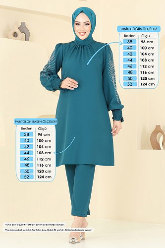 moda selvim Kolları Taşlı Tesettür Takım 5677EDF311 Petrol - Thumbnail