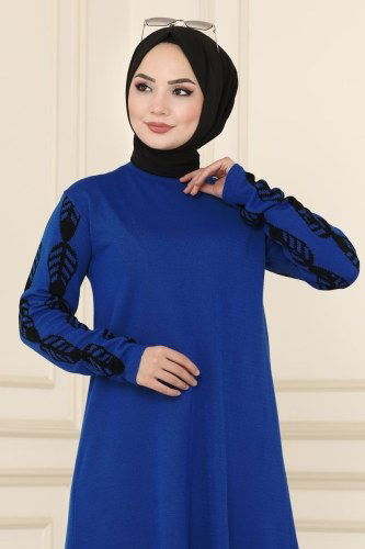moda selvim Kolları Yaprak Desenli Triko Tunik 742MT581 Saks&Siyah - Thumbnail