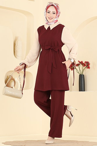 moda selvim Kolu Bağlamalı 2 li Takım 9237PLK541 Bordo - Thumbnail