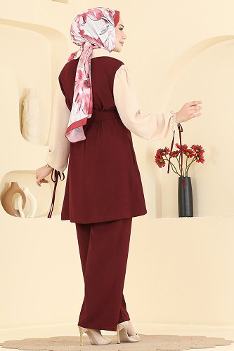 moda selvim Kolu Bağlamalı 2 li Takım 9237PLK541 Bordo - Thumbnail